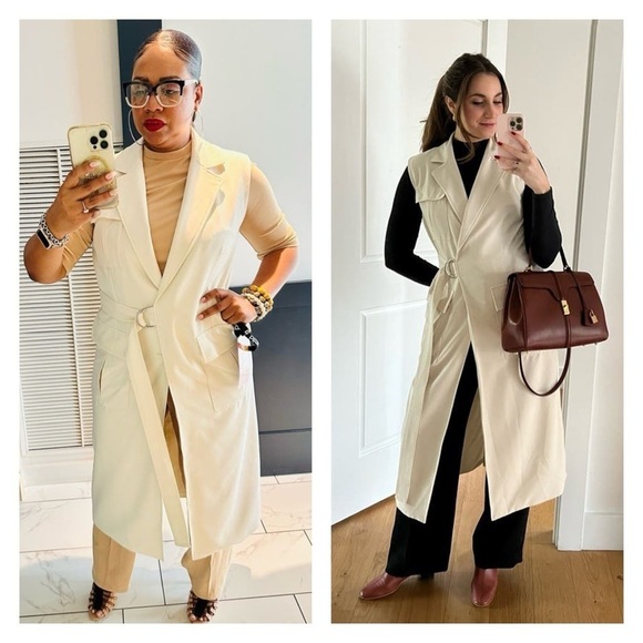 MARINA MASCONE vest long wrap cream white size small D-ring belt trench pockets - Picture 2 of 16
